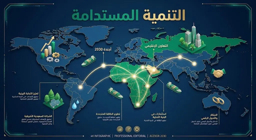 إنفوجرافيك احترافي يوضح مسارات الشراكة الاقتصادية وأولويات التنمية الإقليمية بين المملكة العربية السعودية وأفريقيا لتحقيق أجندة 2030.
