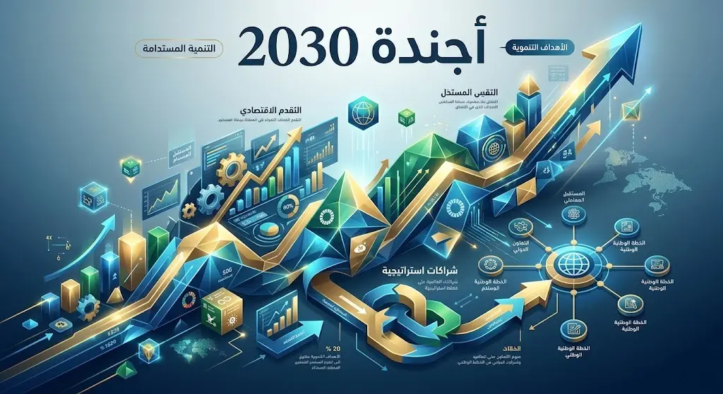 إنفوجرافيك ثلاثي الأبعاد يوضح مسار التنمية المستدامة وأجندة 2030 والشراكات الاستراتيجية.