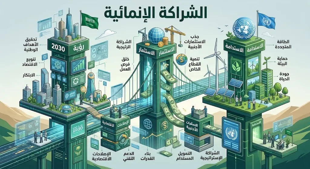 تصميم فني يوضح أولويات الشراكة الإنمائية والتوافق الاقتصادي مع رؤية السعودية 2030