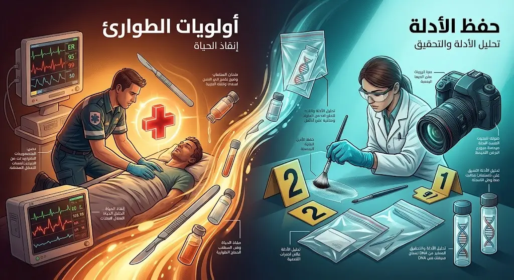 تصميم إبداعي يقارن بين أولوية إنقاذ الحياة في أقسام الطوارئ وأهمية التوثيق لجمع الأدلة الجنائية.