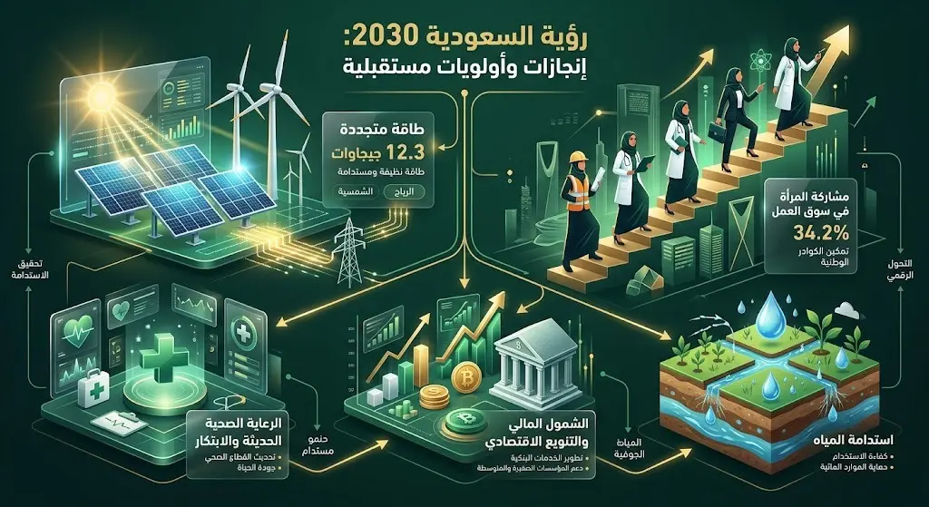 إنفوجرافيك يستعرض أرقاماً قياسية لمشاريع الطاقة المتجددة ومشاركة المرأة، وأولويات السعودية المستقبلية في قطاعات الصحة والمياه.