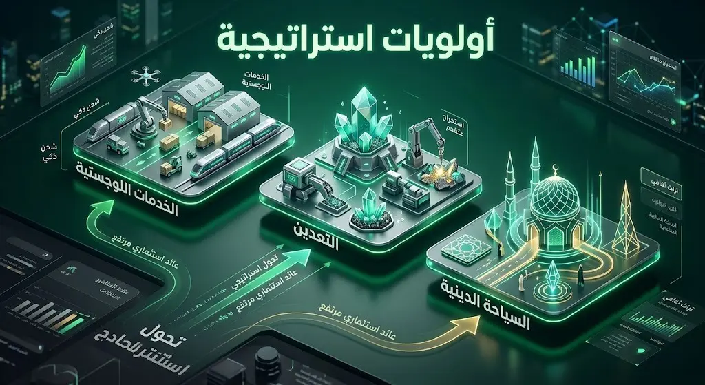 إنفوجرافيك ثلاثي الأبعاد يستعرض القطاعات الاستراتيجية ذات الأولوية كالخدمات اللوجستية والتعدين والسياحة.