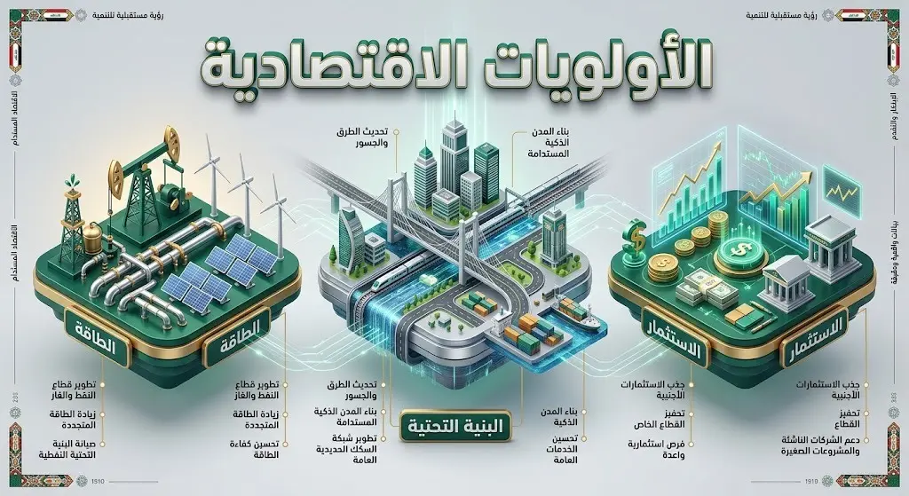 إنفوجرافيك ثلاثي الأبعاد يستعرض ركائز الأولويات الاقتصادية للوفد العراقي، وتشمل قطاعات الطاقة، البنية التحتية، والاستثمارات.