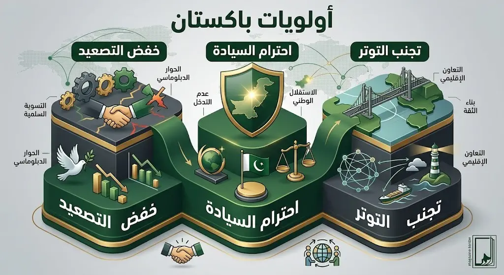 إنفوجرافيك يوضح أولويات باكستان الإقليمية الثلاث: خفض التصعيد، احترام السيادة، وتجنب التوتر.