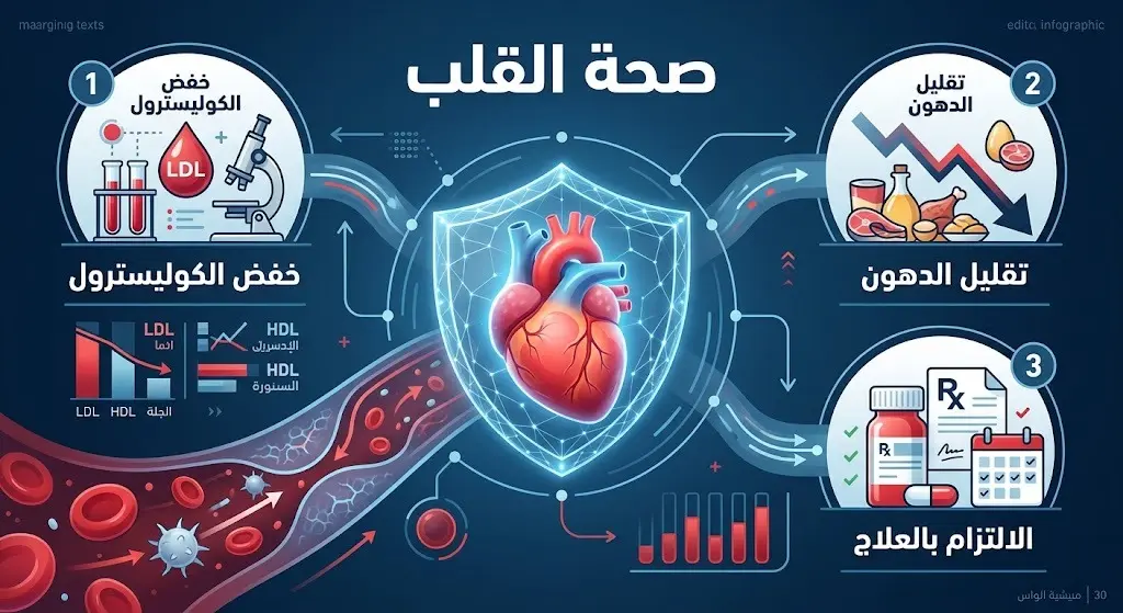 إنفوجرافيك طبي يوضح أولويات صحة القلب والوقاية من الجلطات المتمثلة في خفض الكوليسترول، تقليل الدهون المشبعة، والالتزام بالعلاج.