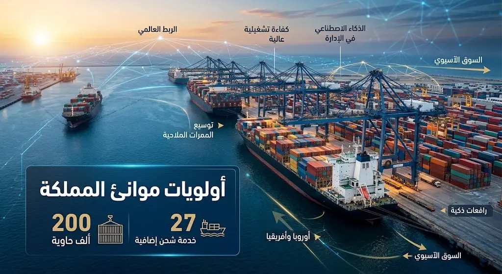 إنفوجرافيك يوضح أولويات موانئ المملكة لضمان استمرار الإمدادات، مع إبراز إضافة 27 خدمة شحن جديدة وزيادة طاقة المناولة بمقدار 200 ألف حاوية شهرياً.