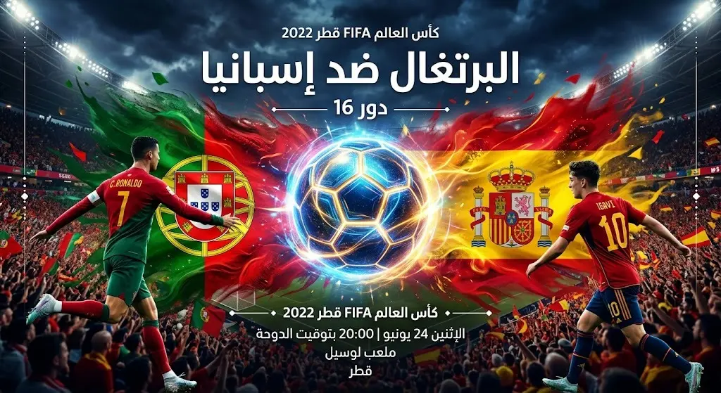 تصميم بصري رياضي ديناميكي يعكس المواجهة المرتقبة بين منتخبي البرتغال وإسبانيا في دور الستة عشر من كأس العالم.