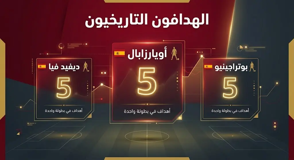 تصميم استعراضي يوضح معادلة ميكيل أويارزابال لرقم ديفيد فيا وإيميليو بوتراجينيو بتسجيل 5 أهداف في نسخة مونديالية واحدة.