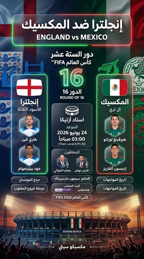 بطاقة معلومات رياضية بتصميم عصري تعرض تفاصيل مباراة إنجلترا والمكسيك، تشمل ملعب أزتيكا، توقيت المباراة، وأسماء المعلقين.
