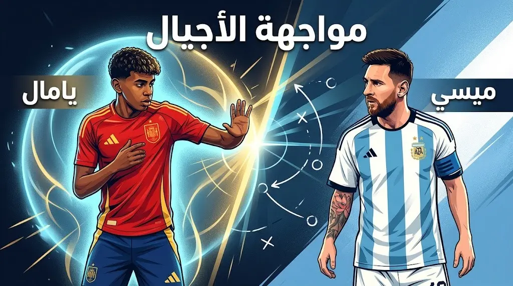 تصميم تعبيري يظهر المواجهة بين جيلين في كرة القدم ممثلين في يامال وميسي مع إبراز فكرة حماية اللاعب الشاب من الضغوط.