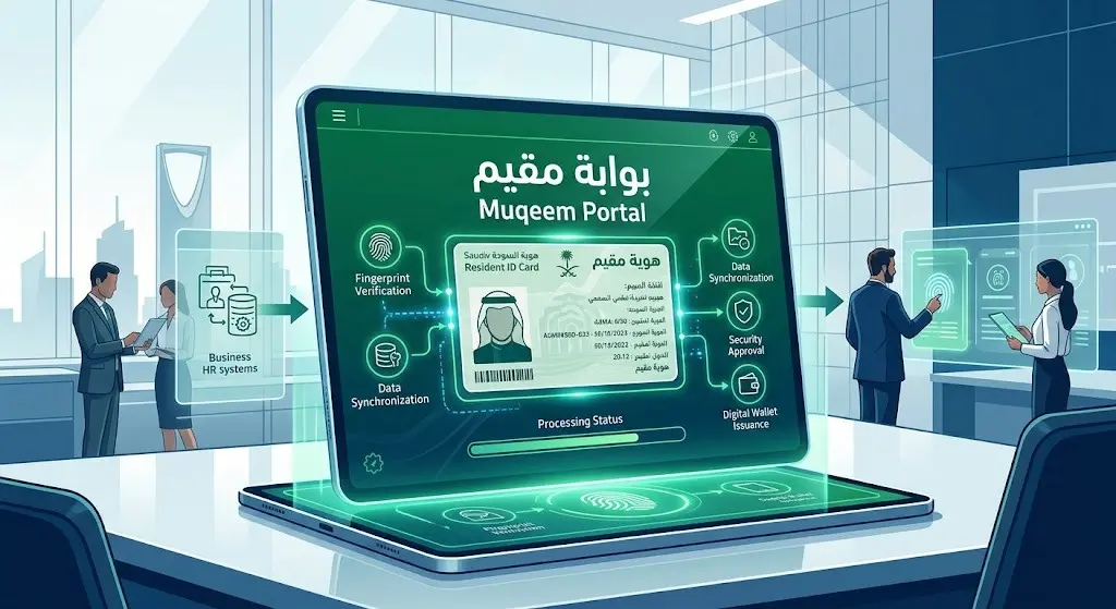 تصميم يعبر عن التحول الرقمي في خدمات الجوازات السعودية وإتاحة الإبلاغ عن فقدان هوية مقيم للمنشآت عبر منصة إلكترونية حديثة.