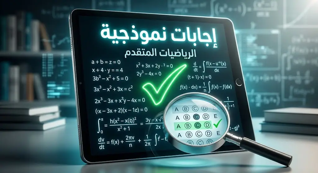 تصميم رقمي احترافي يرمز للإجابات النموذجية والتفصيلية لأسئلة امتحان الرياضيات المتقدم مع التركيز على دقة الحلول.
