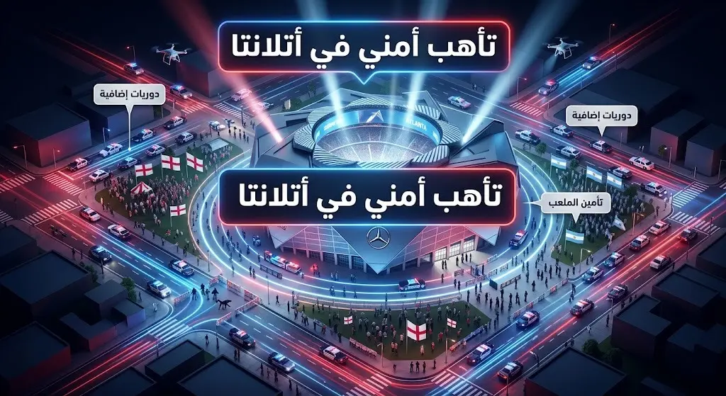 إنفوجرافيك يوضح الإجراءات الأمنية المكثفة في محيط ملعب أتلانتا ومناطق المشجعين لتأمين نصف نهائي كأس العالم بين إنجلترا والأرجنتين.