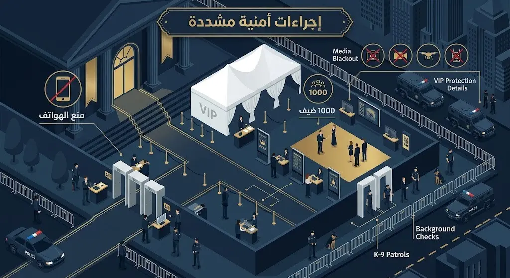 رسم إنفوجرافيك يوضح الإجراءات الأمنية المشددة ومنع التصوير بالهواتف في حفل زفاف تايلور سويفت وترافيس كيلسي بمدينة نيويورك.