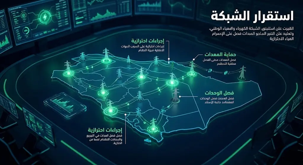 إنفوجرافيك تقني متطور يعرض الإجراءات الاحترازية في أنظمة التحكم لحماية شبكات الكهرباء والماء.