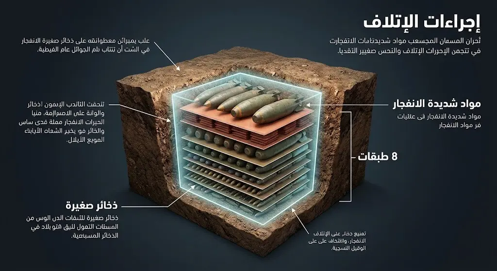 رسم توضيحي ثلاثي الأبعاد يظهر مقطعاً عرضياً لحفرة إتلاف الذخائر المكونة من ثماني طبقات مرتبة فنياً لضمان الأمان.