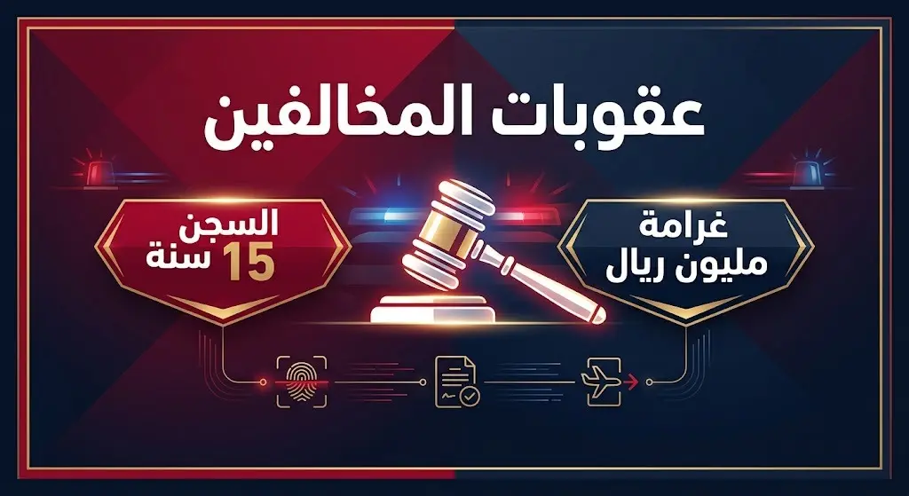 تصميم تحذيري يبرز العقوبات القانونية الصارمة ضد مخالفي أنظمة الإقامة والعمل، متضمناً عقوبات السجن والغرامات المالية الضخمة.
