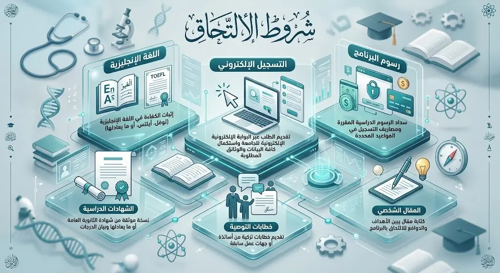 رسم توضيحي يستعرض شروط وإجراءات الالتحاق بالبرنامج الطبي والرسوم الدراسية.