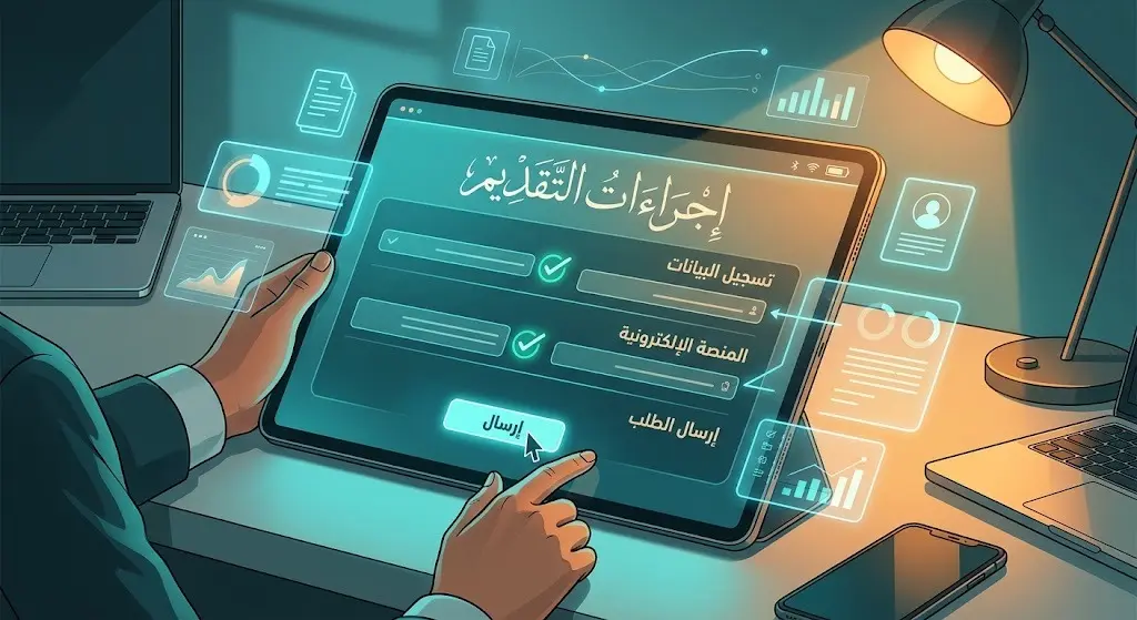 تصميم رقمي يبرز المنصة الإلكترونية وخطوات تسجيل البيانات للتقديم على الوظائف التعليمية.
