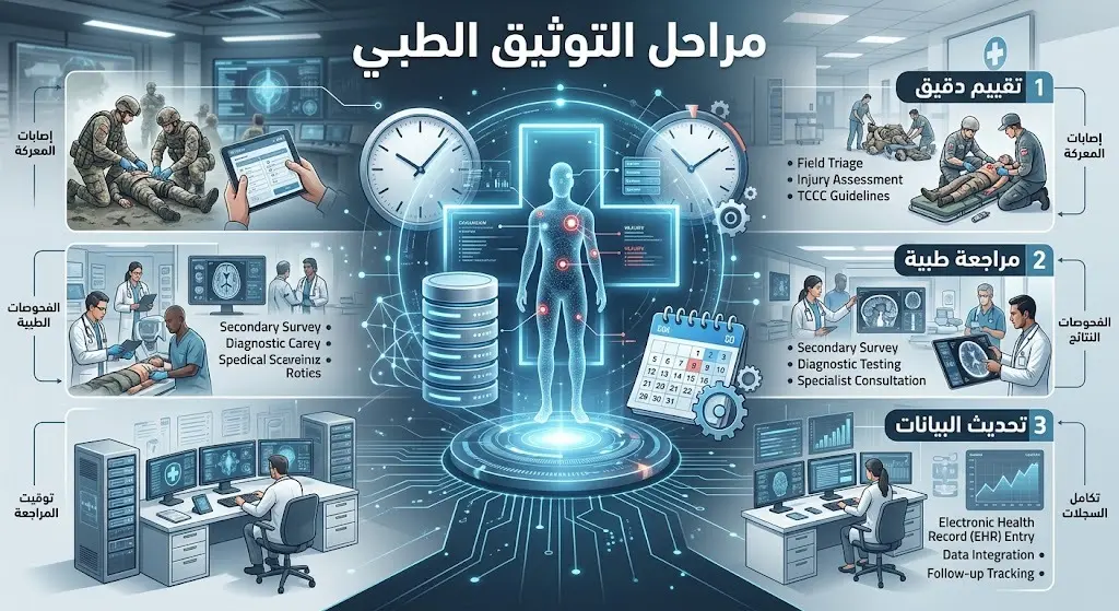 تصميم بياني يعرض خطوات التقييم الطبي الدقيق وتوثيق الإصابات العسكرية