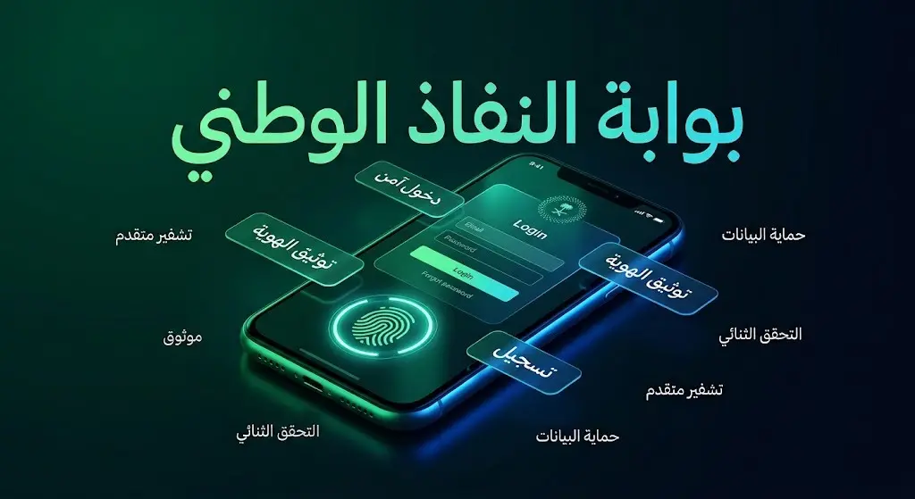 تصميم تقني يبرز بوابة النفاذ الوطني الموحد وبصمة رقمية للتوثيق الآمن.
