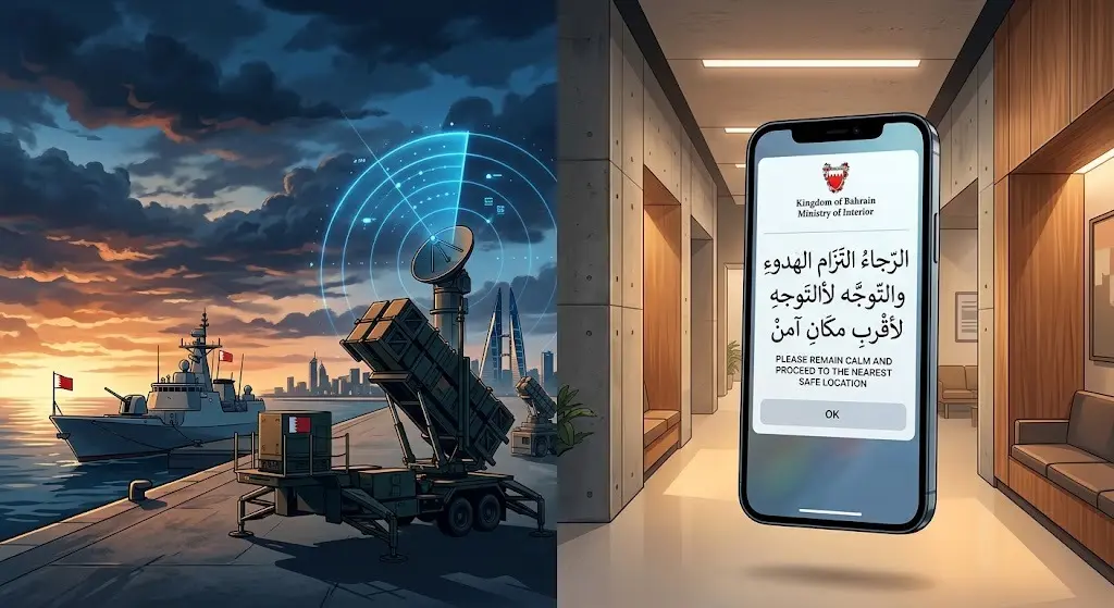 رسم تعبيري يظهر تفعيل منظومات الدفاع الجوي في البحرين وتوجيهات السلامة للمواطنين.