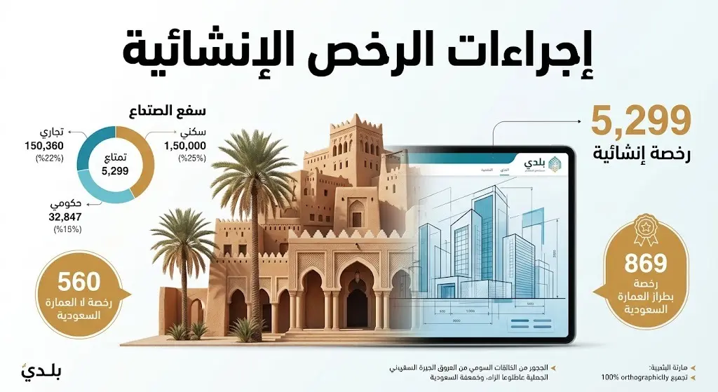 إنفوجرافيك توضيحي يستعرض إحصاءات الرخص الإنشائية الصادرة في الأحساء وتوزيعها حسب نوع الاستخدام والتوافق مع الهوية العمرانية.