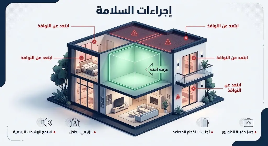 تصميم إنفوجرافيك يوضح الإجراءات الآمنة داخل المباني عند انطلاق الإنذار المبكر، مبيناً أهمية الاحتماء في الغرف الداخلية والابتعاد التام عن النوافذ والشرفات.