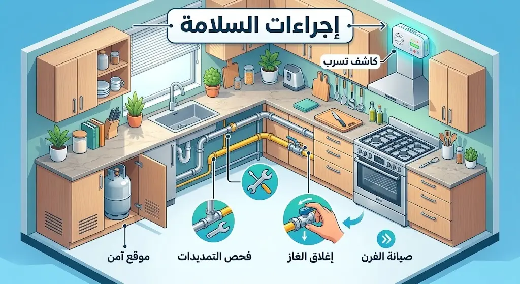 إنفوجرافيك يوضح خطوات الاستخدام الآمن لأسطوانات الغاز في المنازل، تشمل اختيار موقع آمن، فحص التمديدات، وتركيب كواشف التسرب.