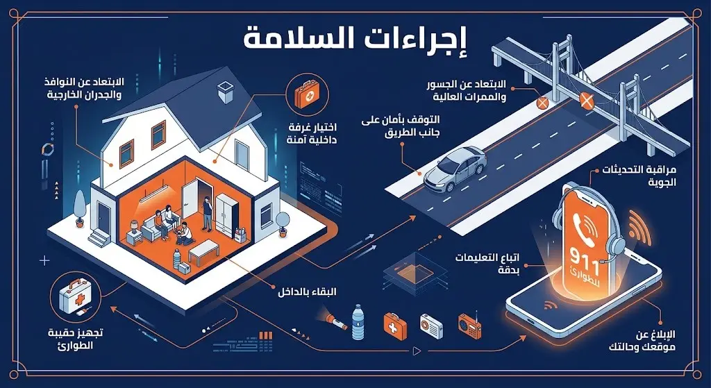 إنفوجرافيك إرشادي احترافي يوضح تعليمات السلامة أثناء الطوارئ مثل الابتعاد عن النوافذ والاتصال برقم 911.