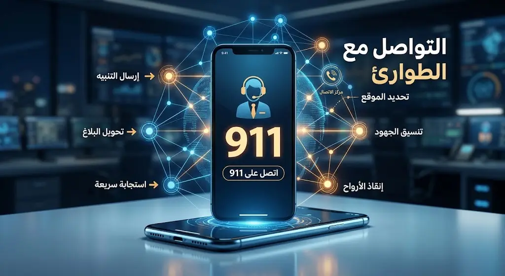 تصميم بصري يبرز رقم الطوارئ 911 للتواصل المباشر والسريع مع الجهات المختصة.