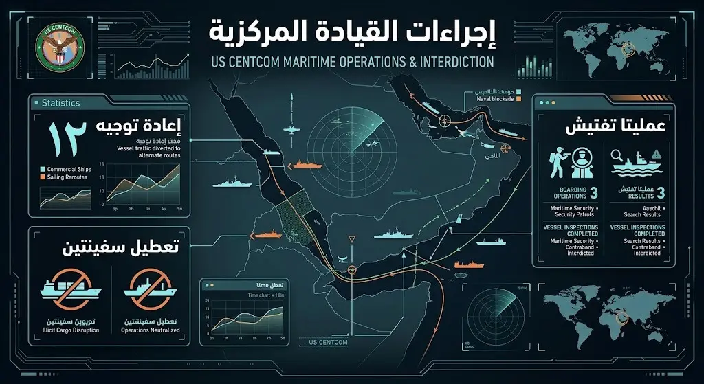 إنفوجرافيك ذو طابع عملياتي يستعرض بالأرقام التدابير والإجراءات التي نفذتها القيادة المركزية الأمريكية لفرض الحصار البحري.