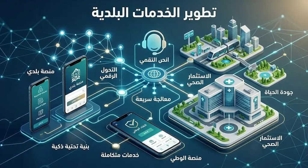 تصميم إنفوجرافيك رقمي مبتكر يبرز تطور الخدمات البلدية، وتسريع إجراءات معالجة البلاغات عبر الأنظمة الرقمية، وفرص الاستثمار الصحي.