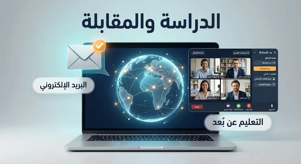 تصميم بصري يبرز آلية التعليم عن بُعد وإجراء المقابلات الشخصية الرقمية ومتابعة البريد الإلكتروني للطلاب الدوليين.