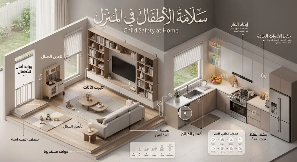 إنفوجرافيك ثلاثي الأبعاد يوضح أهم إجراءات السلامة المنزلية لحماية الأطفال، كإبعاد مصادر الخطر وتغطية المقابس.