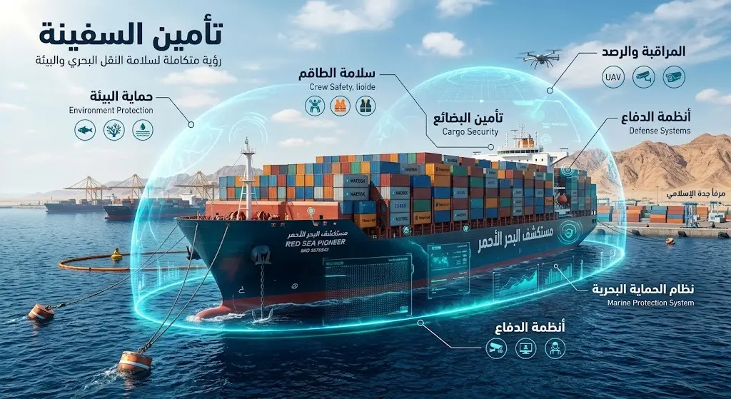 تصميم إنفوجرافيك يوضح تأمين السفينة التجارية إنسيليا في مياه البحر الأحمر وتدابير حماية البيئة البحرية.