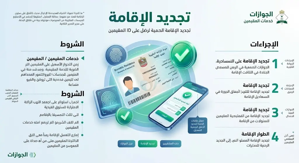 تصميم معلوماتي يستعرض إجراءات تجديد هوية مقيم لأم المواطن رقميا وشروط الخدمة كالبصمة وسريان الجواز.