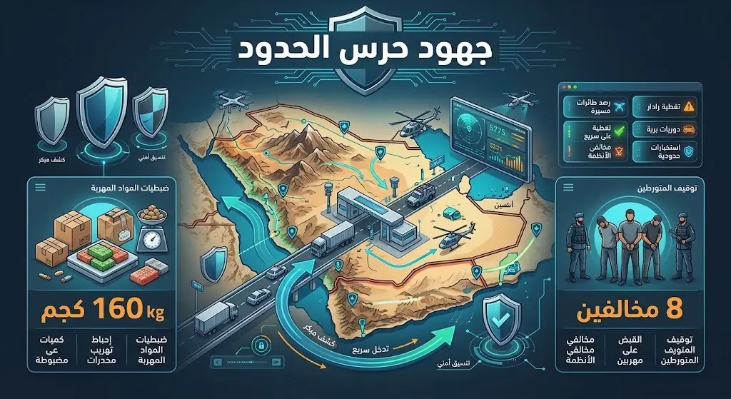 إنفوجرافيك أمني احترافي يستعرض إحصائيات جهود حرس الحدود، متضمناً أرقام المضبوطات وعدد المخالفين بنصوص عربية واضحة وتصميم عصري.