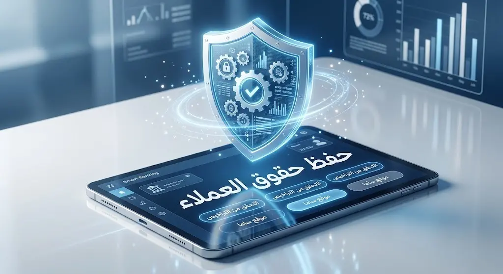 تصميم تعبيري ثلاثي الأبعاد يبرز أهمية حماية حقوق المتعاملين والتحقق من التراخيص المالية