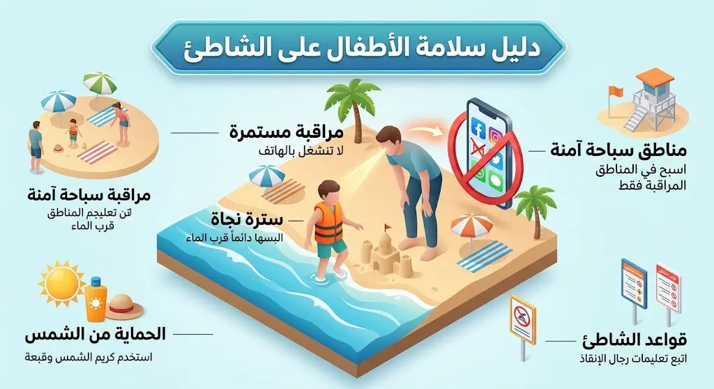 إنفوجرافيك يوضح إجراءات حماية الأطفال من الغرق في الشواطئ بما في ذلك المراقبة المستمرة دون انشغال وارتداء سترات النجاة