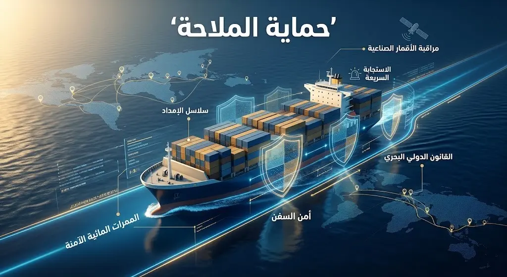 إنفوجرافيك يوضح الإجراءات الصارمة لحماية خطوط الملاحة البحرية وتأمين سلاسل الإمداد التجارية.