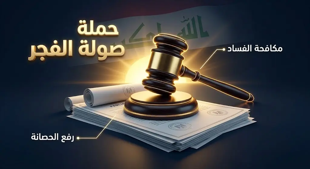 تصميم غرافيكي إخباري يجسد حملة صولة الفجر لمكافحة الفساد في العراق، يظهر مطرقة قضاء وأوراقاً رسمية ترمز لرفع الحصانة النيابية مع نصوص عربية توضيحية.