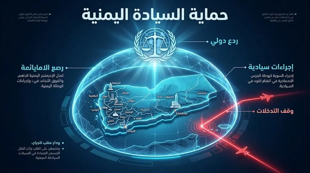 إنفوجرافيك جيوسياسي يوضح حماية السيادة اليمنية والمطالبة بتدخل أممي رادع
