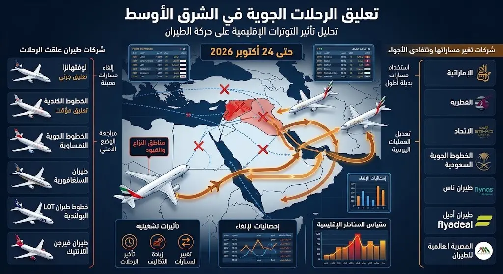إنفوجرافيك يستعرض قرارات شركات الطيران العالمية بتعليق رحلاتها وتعديل مساراتها.