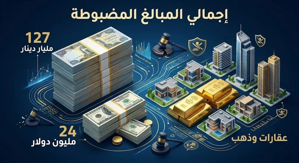 إنفوجرافيك يوضح إجمالي المبالغ والأصول المضبوطة، متضمنة مليارات الدنانير، ملايين الدولارات، عقارات، ومصوغات ذهبية.