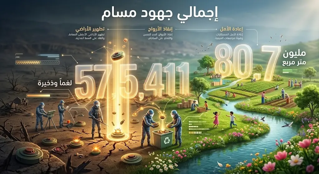 تصميم بياني يستعرض الإنجازات الكلية لمشروع مسام، مسلطاً الضوء على نزع أكثر من 575 ألف لغم وذخيرة وتطهير أكثر من 80 مليون متر مربع.