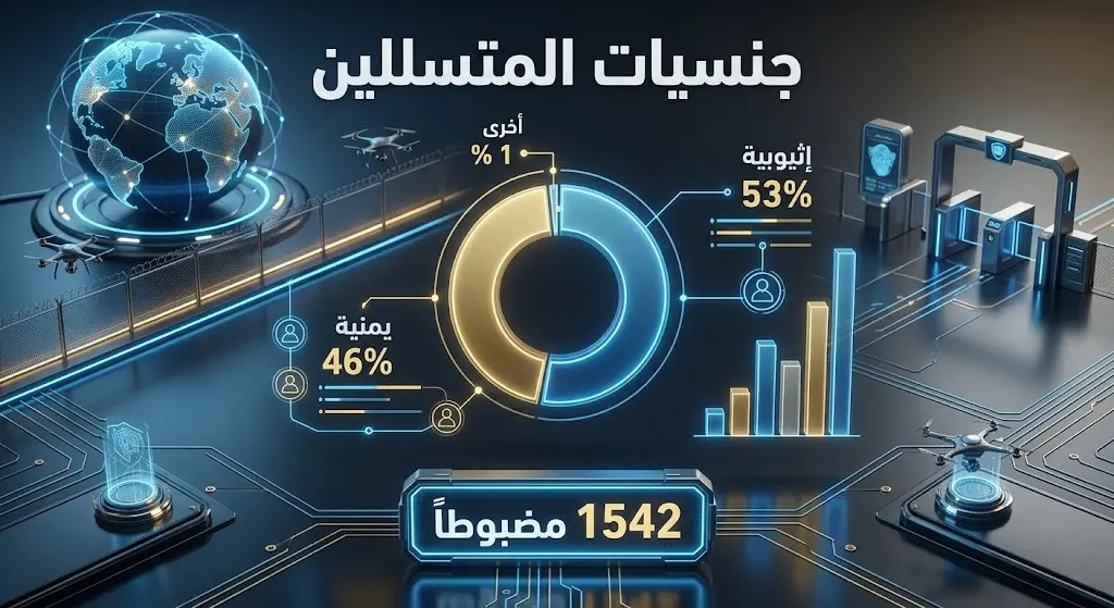إنفوجرافيك بياني يستعرض إحصاءات وجنسيات المتسللين المقبوض عليهم بنسب مئوية تشمل 53% للجنسية الإثيوبية و46% لليمنية.