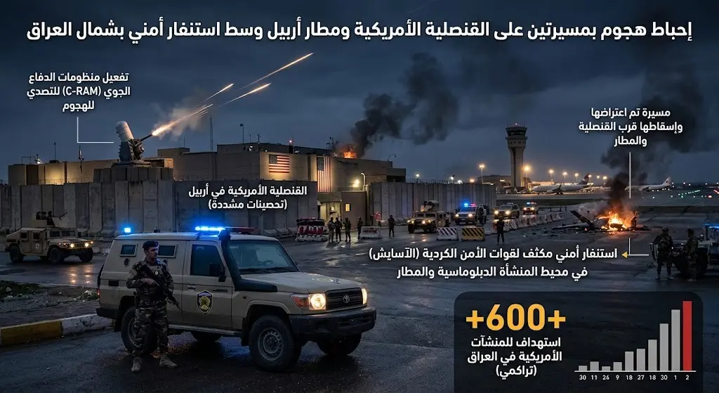 إحباط هجوم بمسيرتين على القنصلية الأميركية ومطار أربيل وسط استنفار أمني بشمال العراق