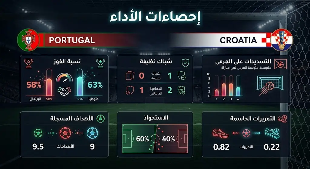 تصميم بياني يقارن إحصاءات الأداء والفاعلية بين البرتغال وكرواتيا، مستعرضاً معدلات الفوز والشباك النظيفة والتسديدات.