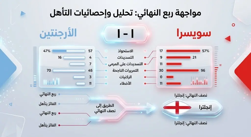 إنفوجرافيك يقارن بين أهداف الأرجنتين وسويسرا ويوضح مسار الفائز لمواجهة منتخب إنجلترا في نصف النهائي